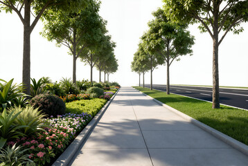 Obraz premium 3D render of a road greening asset on a white background, featuring uniform street trees, diverse colorful shrubs in the median, a sidewalk, and an asphalt road.