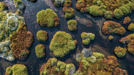 Vibrant Aerial View of Peatland Hummocks and Water Channels