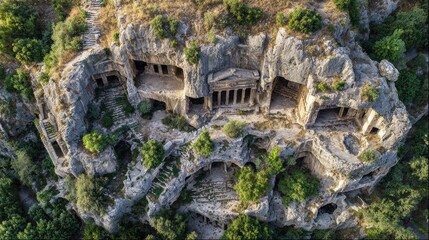 Aerial View of Ancient Rock Cut Tombs Carved into Cliff Face
