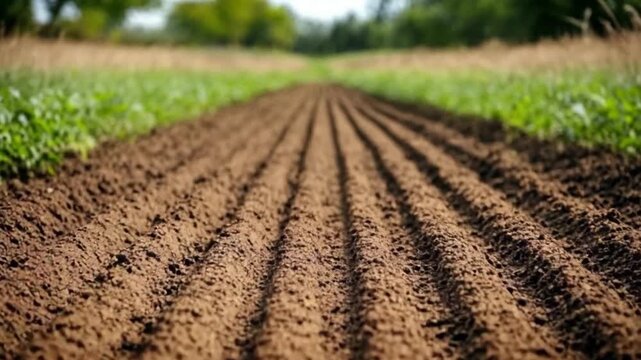 selective focus rows of well-tilled soil ready for planting