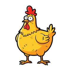 Humorous cartoon chicken character with a cheerful expression, standing on a white background