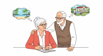 An elderly man and woman planning travel on a document with dreamy thoughts of a beach and house.