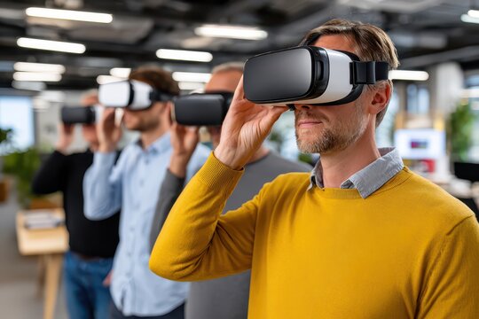 Group of men in a modern office, experiencing virtual reality with VR headsets.