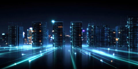 Fototapeta premium Futuristic landscape depicting network evolution, ethernet streams connecting datacenter towers, segmented light flows breaking through the firewall to reach the future