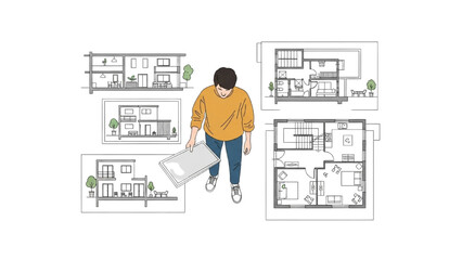 Professional architect examining detailed home floor plans and elevations, visualizing modern residential building concepts and construction designs