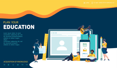 Education planning landing page template. Time management, teamwork, students, people Coworking. Digital marketing, SMM, SEO. Remote work, web banner design. Exam preparation. Vector flat illustration