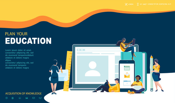 Education planning landing page template. Time management, teamwork, students, people Coworking. Digital marketing, SMM, SEO. Remote work, web banner design. Exam preparation. Vector flat illustration