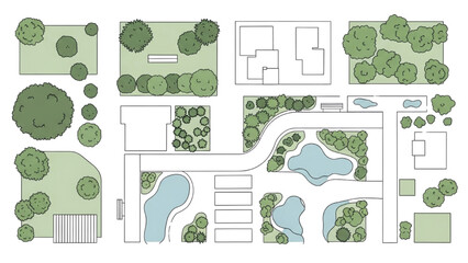 Vector collection of landscape design elements. Top down view of garden plan symbols with trees and pools