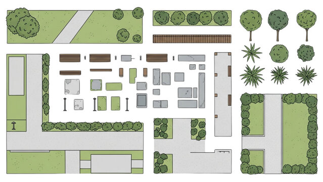 Top-down view of landscape design elements for outdoor spaces