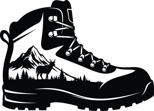 Hiking boot graphic with mountain and deer landscape vector illustration