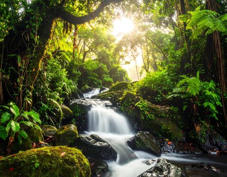 Sunlit waterfall cascades through lush green jungle foliage - Powered by Adobe
