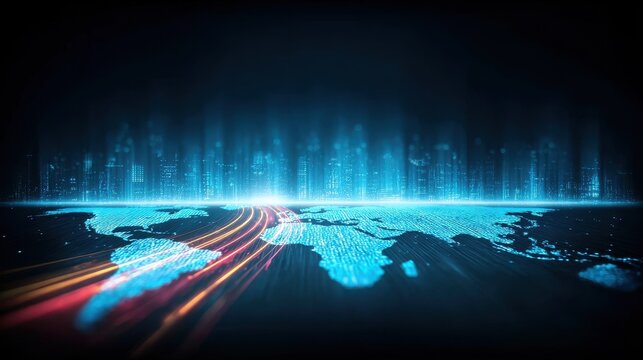Network schematic turned artwork: glowing ethernet lines, evolving segments, datacenter matrix, firewalls pulsing with life in a vision of the future