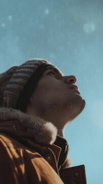 A person gazing upwards, possibly contemplating or admiring the view