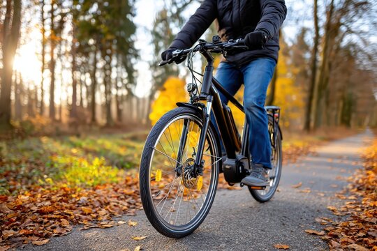 Riding an electric bicycle through a beautiful autumn park path, enjoying the golden leaves.