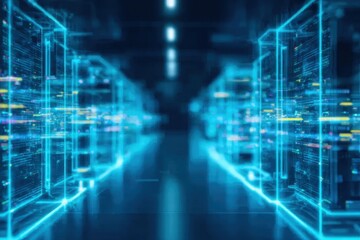 The evolution of a vast ethernet network seen through transparent datacenter structures, each segment guarded by layered firewalls glowing with future energy