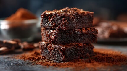 Stack of Chocolate Brownies Sprinkled with Cocoa Powder Food Photography