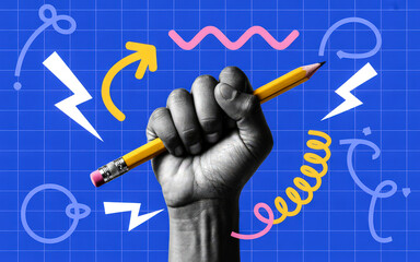 Hand gripping yellow pencil with colorful graphic elements on blue grid background Abstract