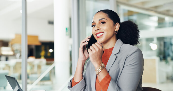 Happy woman, discussion and business with phone call for proposal, negotiation or finance advice. Female person, financial advisor or smile on mobile smartphone for deal or communication in workplace