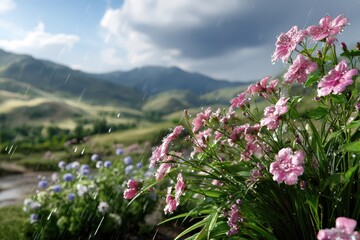 Obraz premium Vibrant pink flowers with fresh raindrops, lush mountains, and a cloudy sky.