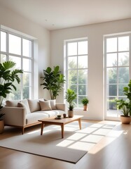 Modern Biophilic Living Room Interior with Natural Light and Plants