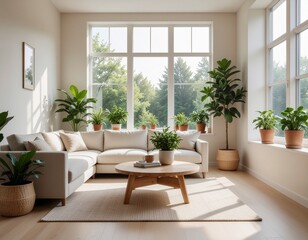 Modern Biophilic Living Room Interior with Natural Light and Plants