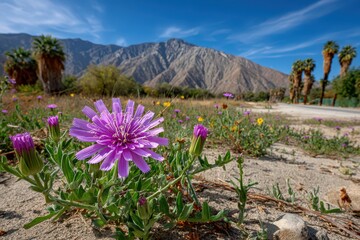 Obraz premium Vibrant purple wildflower, desert, mountains, clear blue sky, sunny day.
