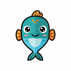 Cartoon fish with a friendly smile, featuring turquoise, orange, and white colors, set against a clean white background for a simple and cheerful illustration.