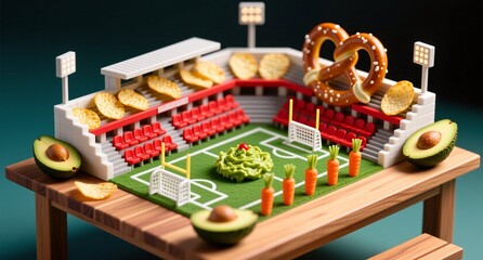 Fototapeta premium Whimsical snack stadium with pretzels, chips, guacamole, and vegetables