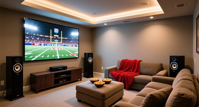 Cozy home theater with projector screen, comfortable seating, and surround sound system