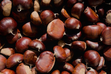 Top view of fresh raw chestnuts, pattern, background, texture. 