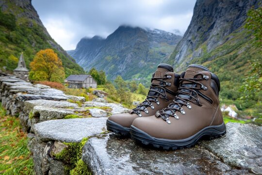 Sturdy brown hiking boots on a wet stone wall in a dramatic mountain valley.