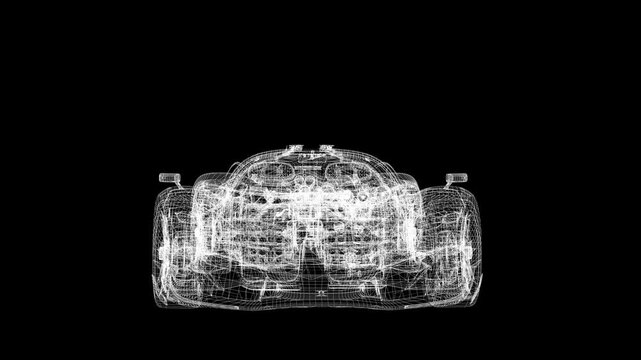 Futuristic Concept Car in Wireframe, 3D CAD Automotive Design, Prototype Vehicle Engineering, Digital Blueprint, Interior and Exterior Visualization, Mechanical Systems Animation, High Tech Vehicle Mo