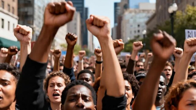 A diverse crowd of people protesting in a city street, raising their fists in unity