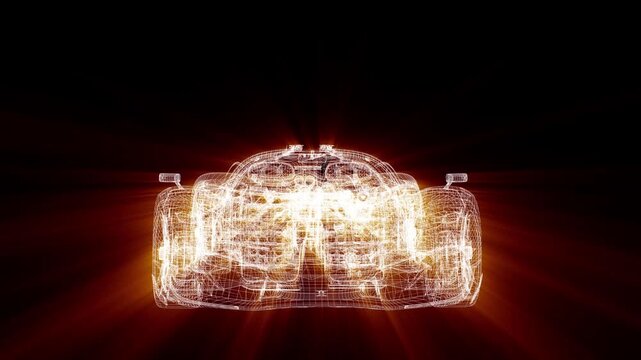 Futuristic Concept Car in Wireframe, 3D CAD Automotive Design, Prototype Vehicle Engineering, Digital Blueprint, Interior and Exterior Visualization, Mechanical Systems Animation, High Tech Vehicle Mo