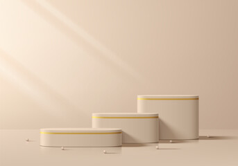 Realistic beige 3D round podium luxury background with window light on wall scene. Minimalist mockup pedestal, Abstract product display presentation, Stage showcase. Platforms vector geometric design.