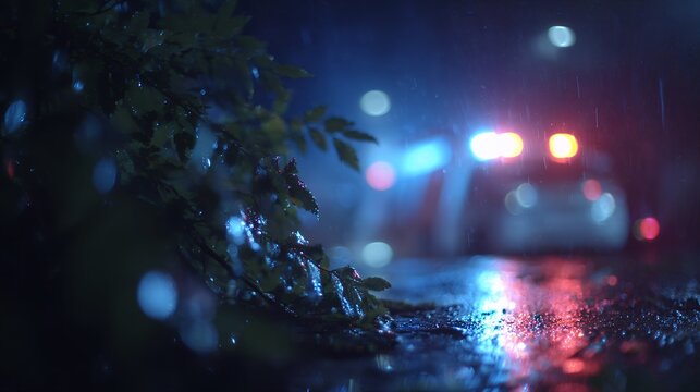 police car lights reflecting on wet street