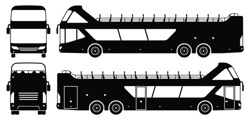 Hop-on hop-off bus silhouettes showing front, side, and rear views. Simple silhouette style vector illustration for easy use in design projects.