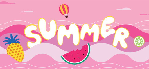 Naklejka premium Bright pink summer illustration with tropical fruits and playful waves. Ideal for travel ads, greeting cards, posters, or seasonal promotion designs with a cheerful holiday vibe.