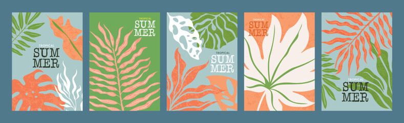 Elegant tropical summer posters with palm and monstera leaves in green and orange tones. Perfect for botanical art, travel design, invitations, or eco-themed seasonal decoration.