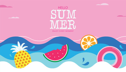 Naklejka premium Bright summer background with tropical fruits, ocean waves, and pink sky. Perfect for travel ads, banners, invitations, or seasonal marketing designs with a fresh summer vibe.