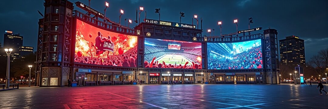 Impressive led stadium screens displaying vibrant soccer match highlights at night