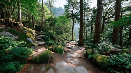 Serene Forest Path Bathed in Sunlight with Lush Greenery and Moss Covered Rocks during Daytime