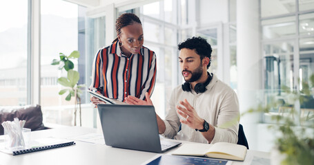 Man, woman and discussion with laptop at startup, documents and review proposal at media company....
