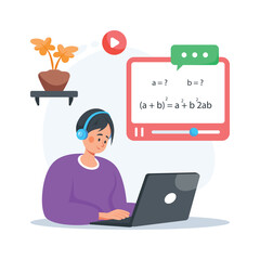Well designed flat illustration of a student attending virtual math class on laptop