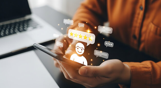 Customer experience concept, client using smartphone to give a 5star rating