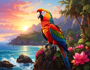 Vibrant parrot on tropical rock overlooking ocean sunset