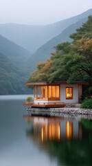 Fototapeta premium Serene Lakeside Temple With Warm Interior Lights Reflecting On Calm Water Surrounded By Lush Green Trees And Misty Mountains