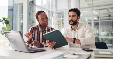 Review, team or people in office with tablet, collaboration or market research for brand image. Discussion, feedback or analyst in agency with laptop, planning or partnership for business identity.