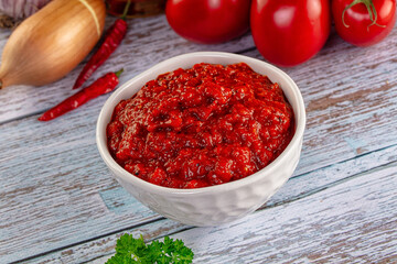 Bulgarian traditional lutenica pepper sauce