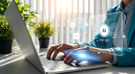 Business woman using laptop with artificial intelligence technology concept